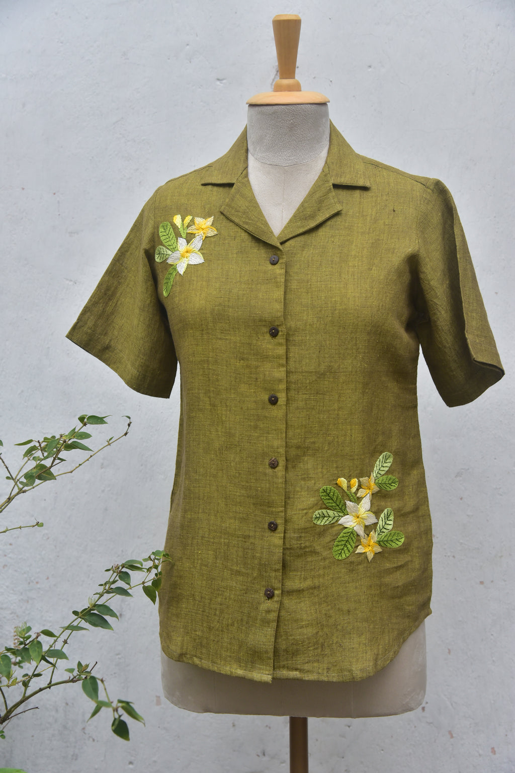 Frangipani Green Handwoven Hand-embroidered Linen shirt Front Close View