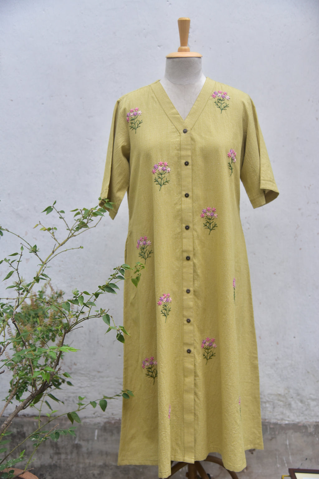 Olive whisper Handwoven cotton shirt dress olive green front