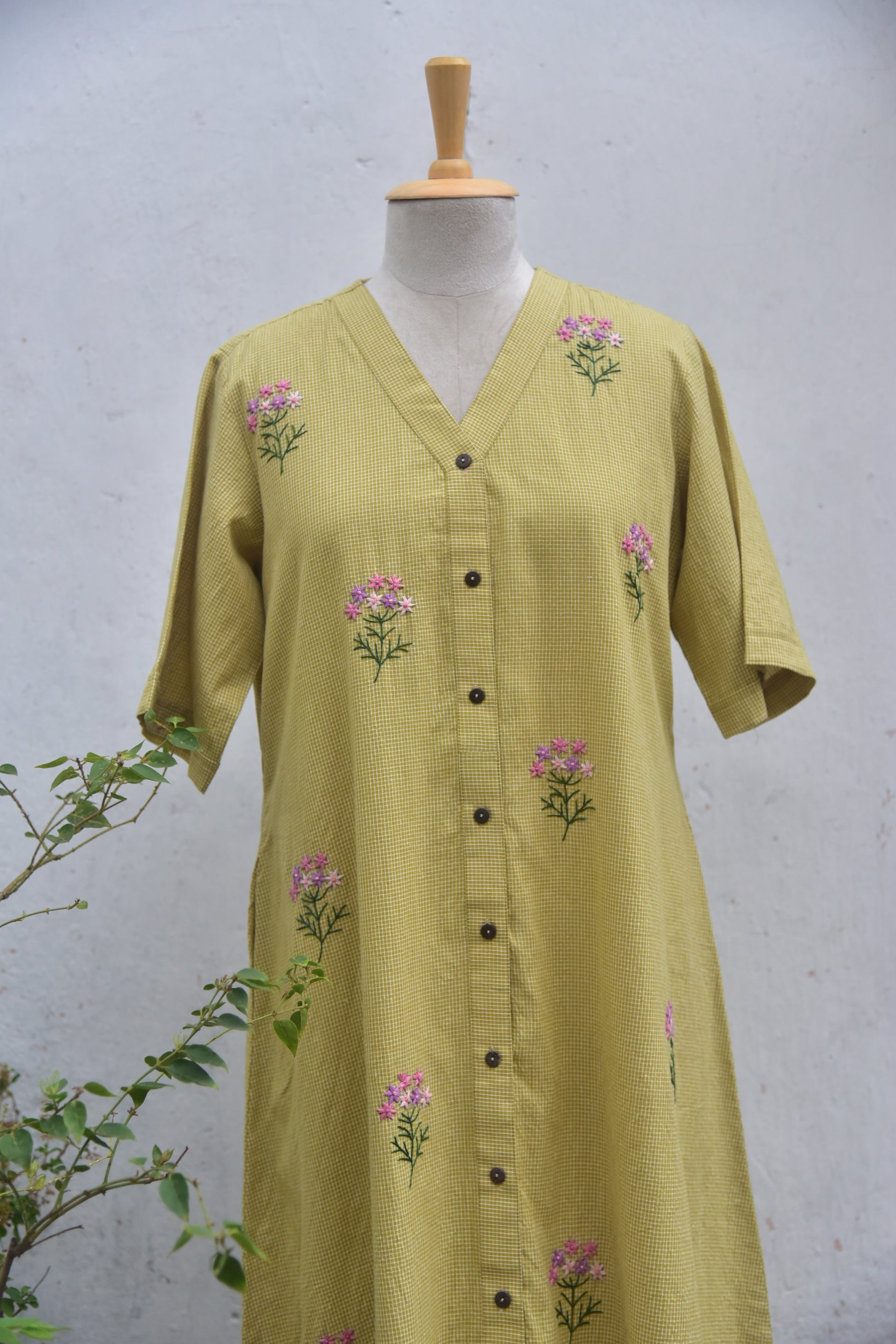 Olive whisper Handwoven cotton shirt dress olive green front