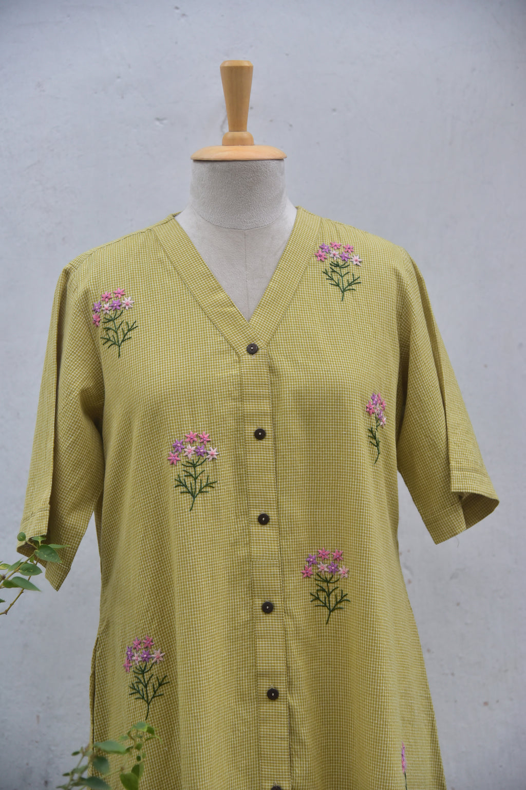 Olive whisper Handwoven cotton shirt dress olive green front