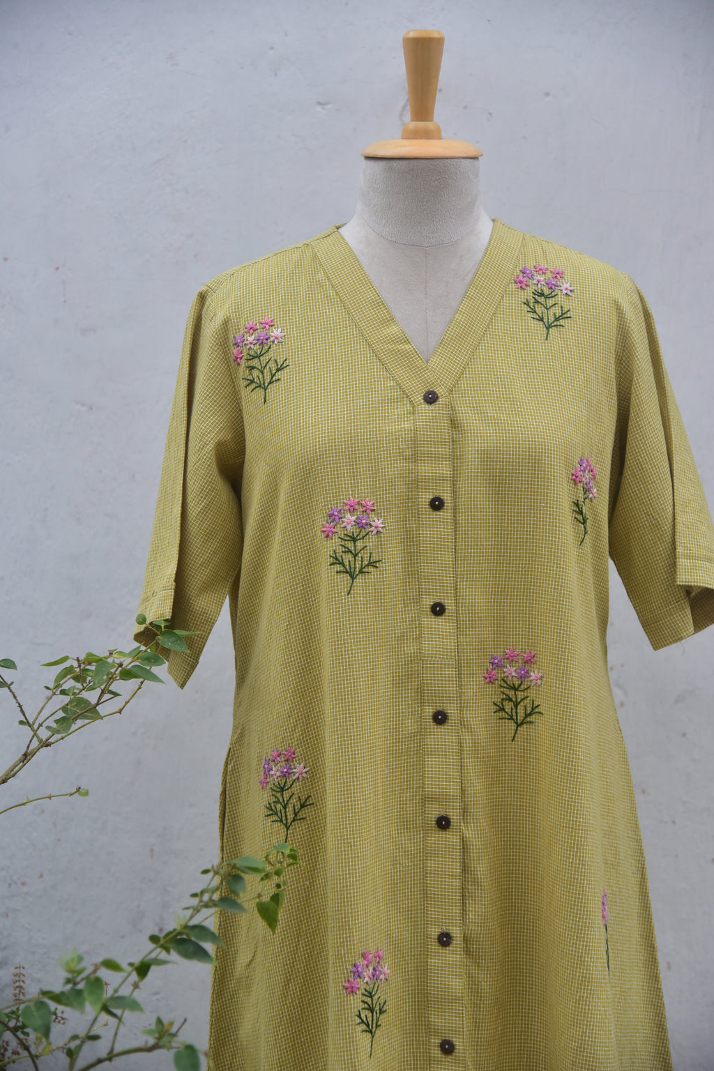 Olive whisper Handwoven cotton shirt dress olive green front