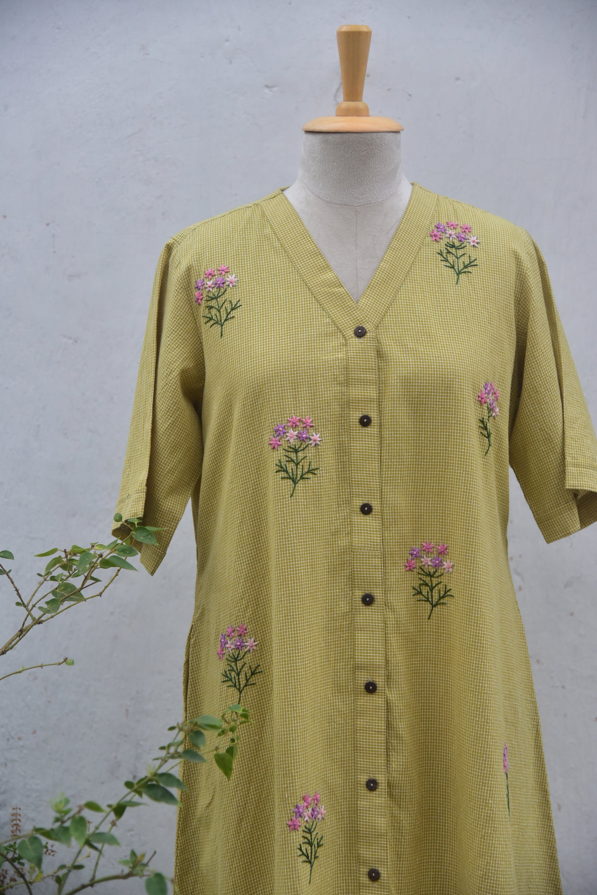 Olive whisper Handwoven cotton shirt dress olive green front