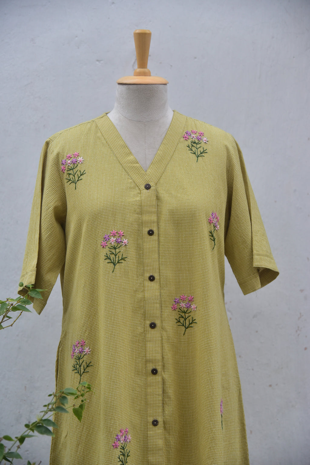 Olive whisper Handwoven cotton shirt dress olive green front