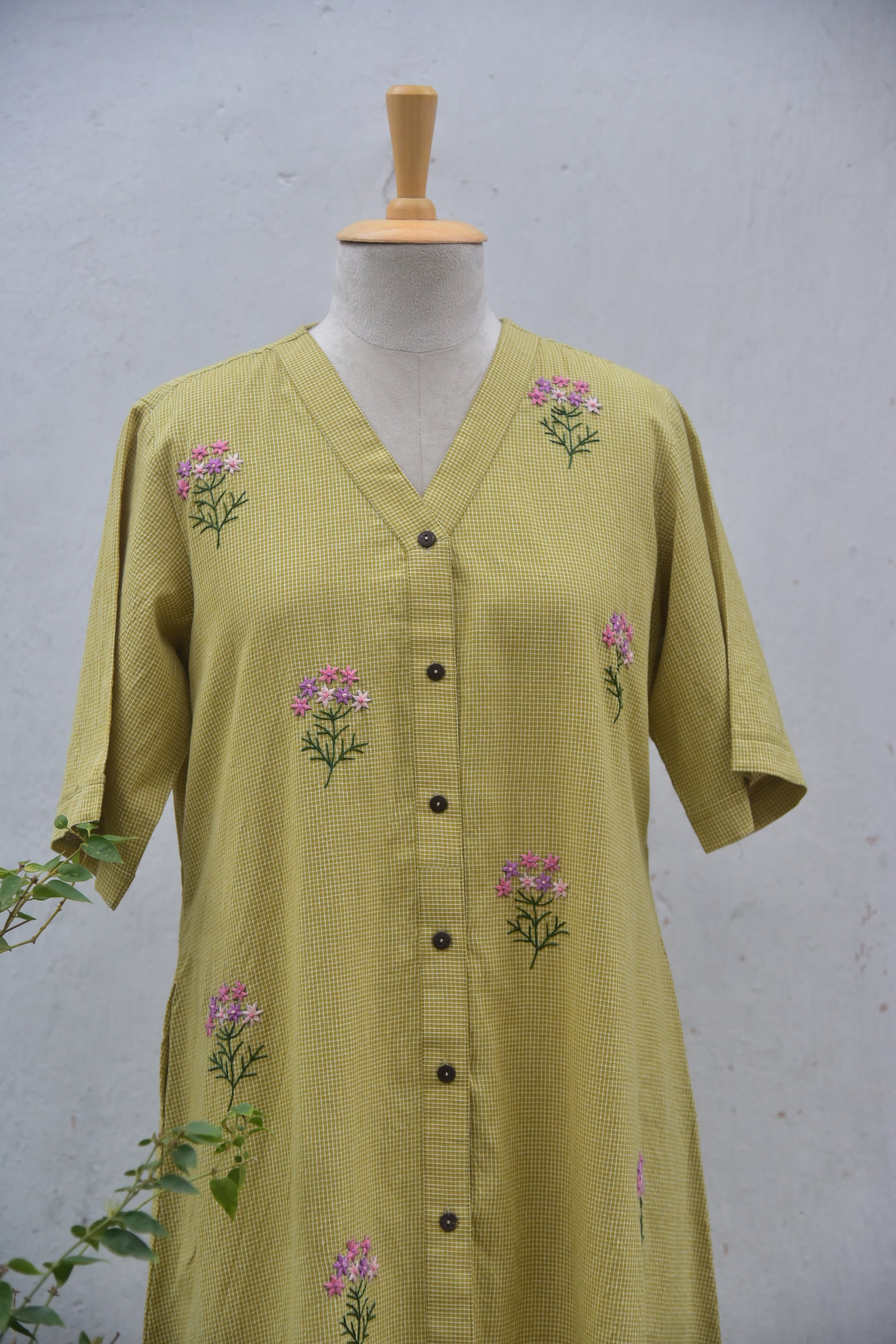 Olive whisper Handwoven cotton shirt dress olive green front