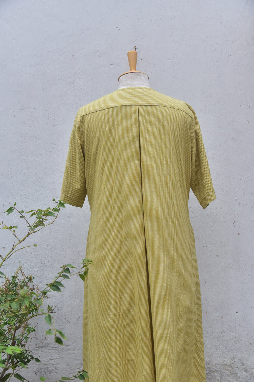 Olive whisper Handwoven cotton shirt dress olive green back