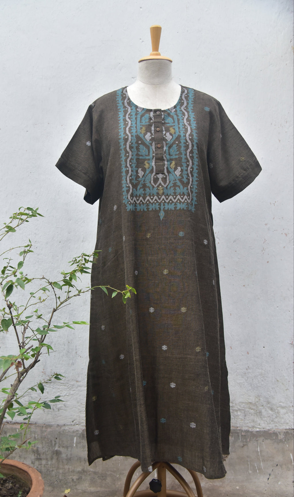 Dark grey handwoven jamdani A-line dress