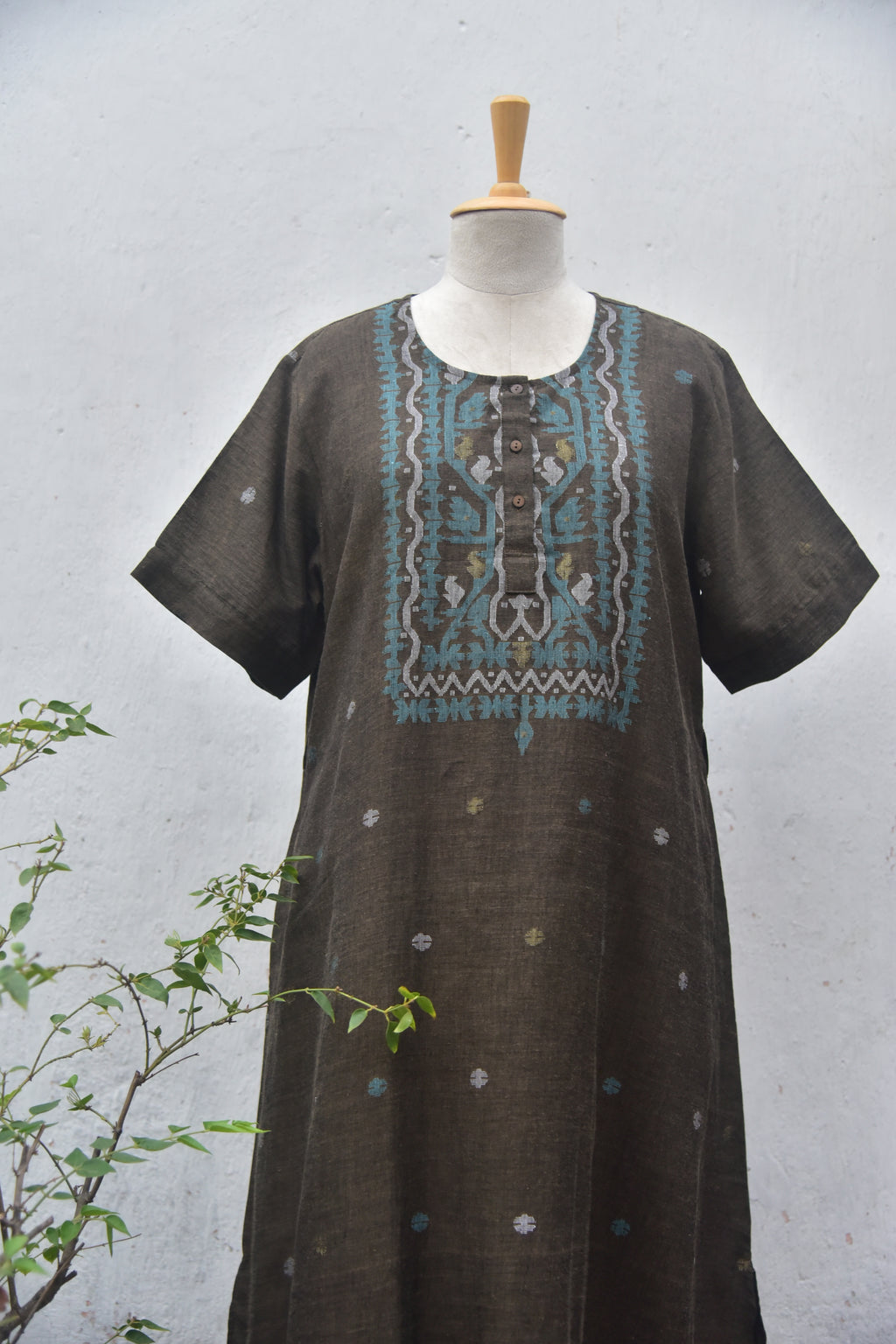 Dark grey handwoven jamdani A-line dress