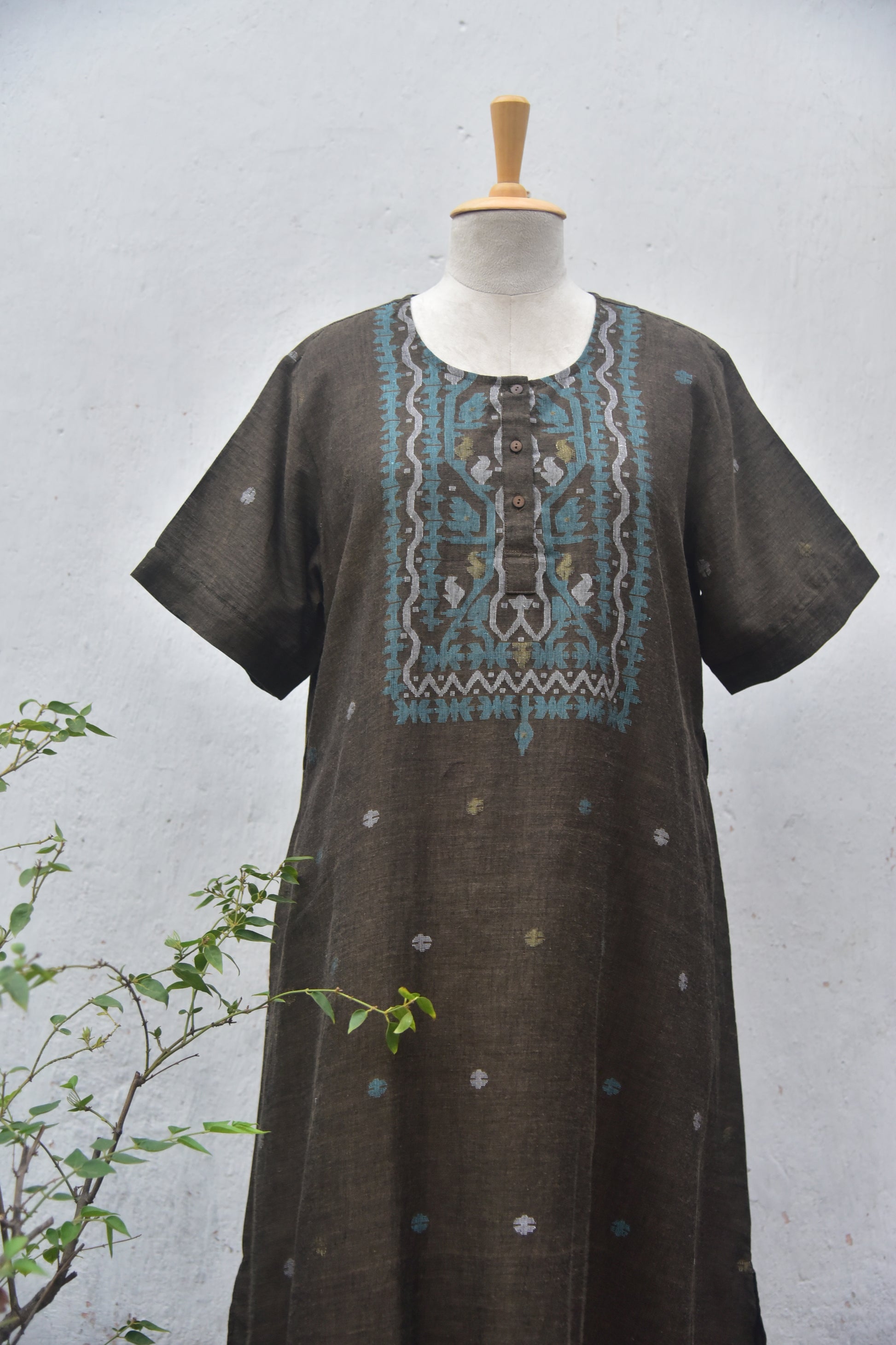 Dark grey handwoven jamdani A-line dress