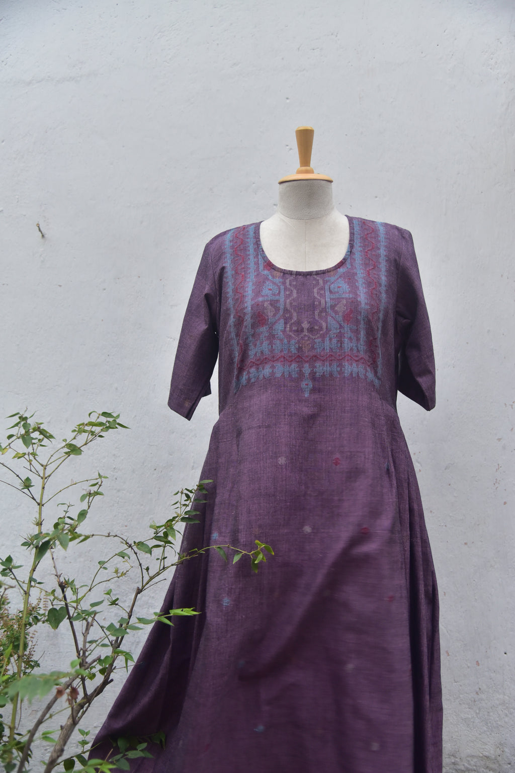Majestic Mauve Handspun & Handwoven Jamdani Cotton Dress Front