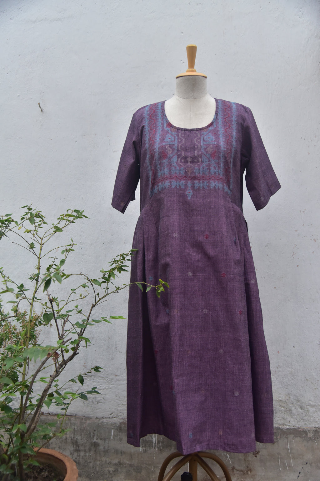 Majestic Mauve Handspun & Handwoven Jamdani Cotton Dress Front
