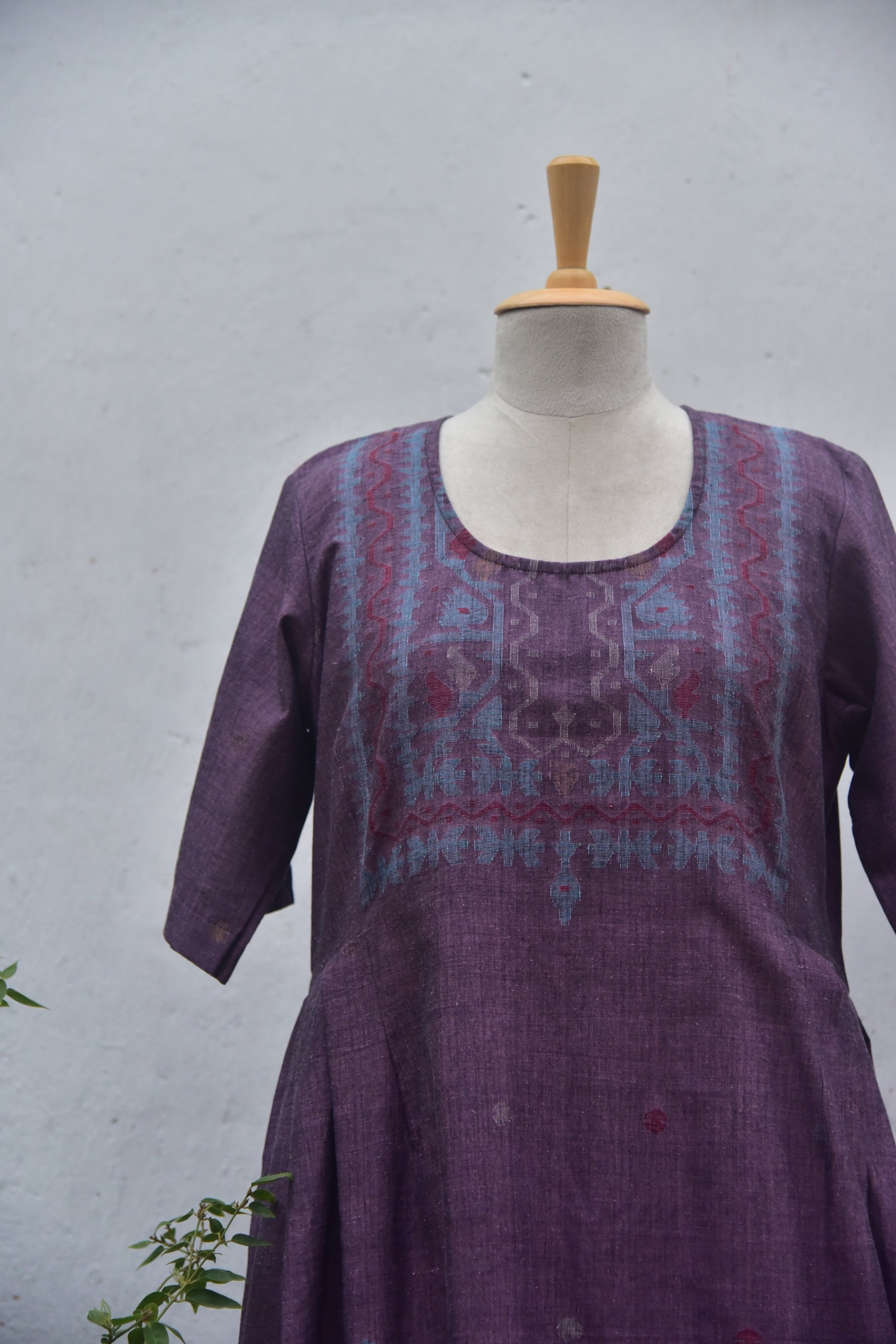 Majestic Mauve Handspun & Handwoven Jamdani Cotton Dress Front