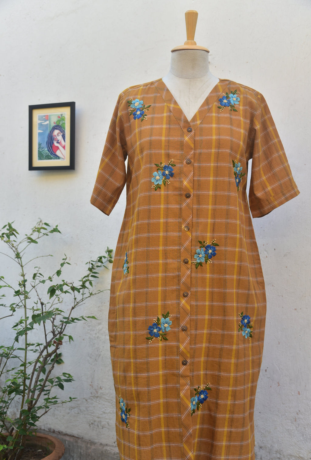 Yellow ochre checkered handloom dress with floral hand embroidery_jewell TThief