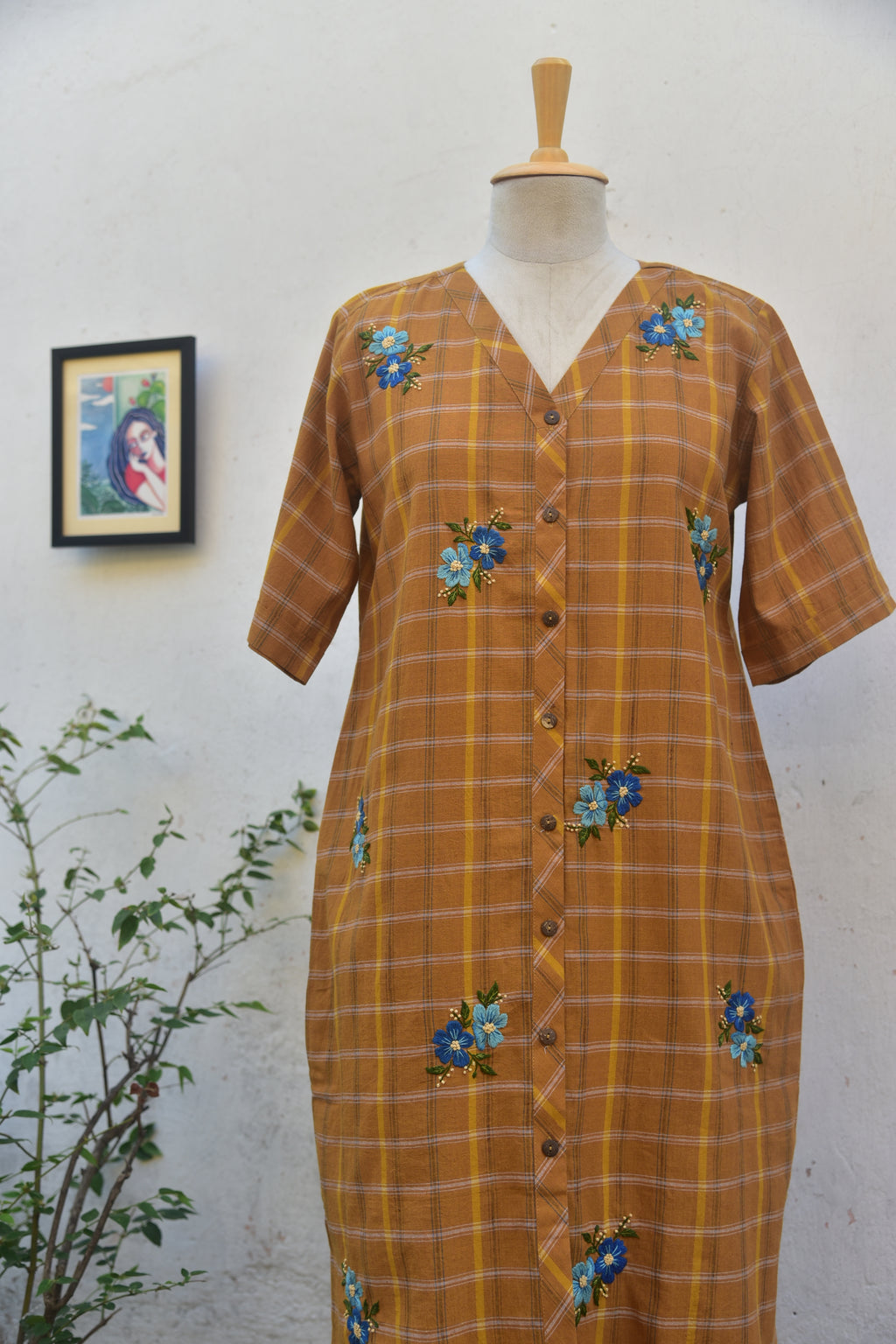 Yellow ochre checkered handloom dress with floral hand embroidery_jewell TThief