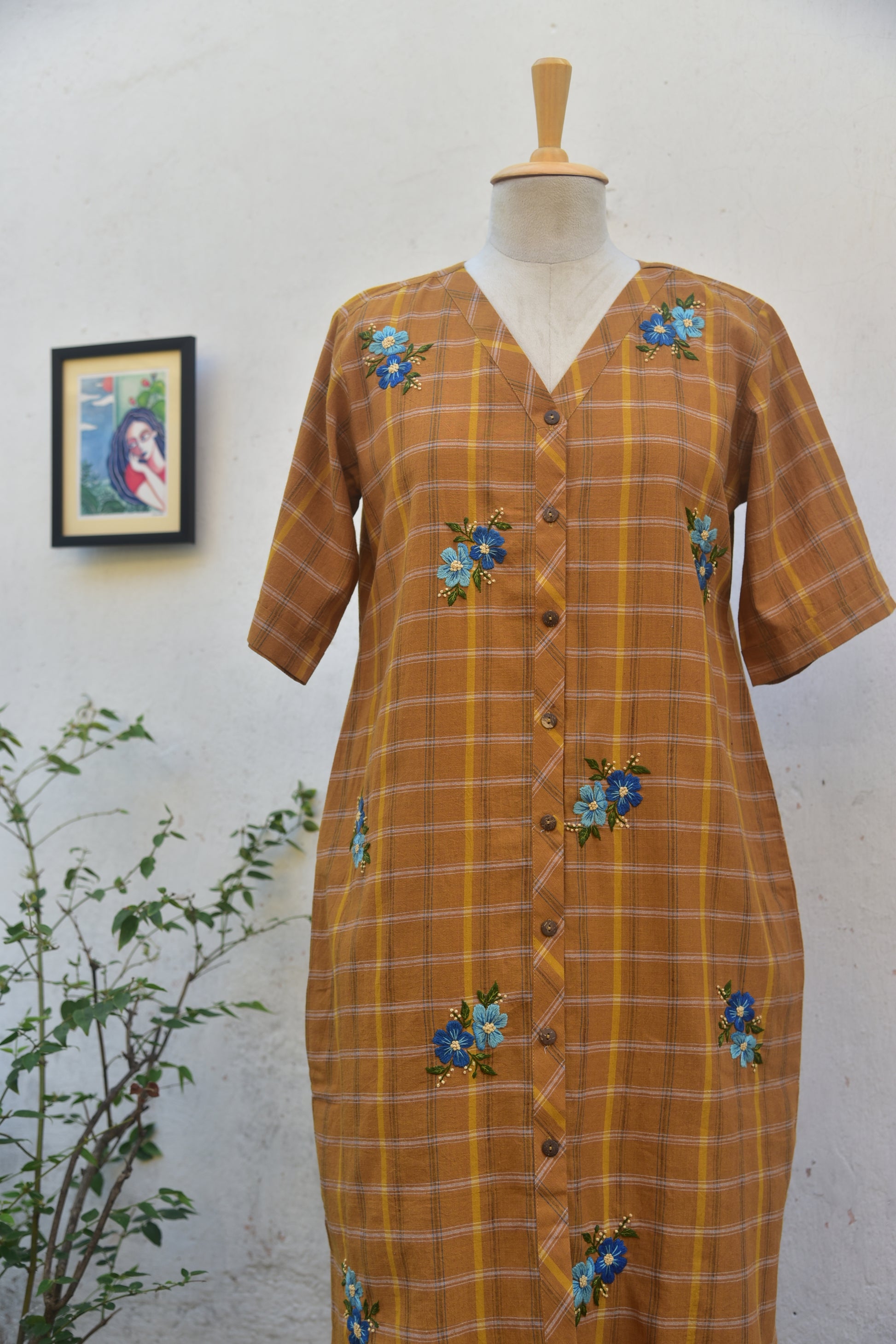 Yellow ochre checkered handloom dress with floral hand embroidery_jewell TThief