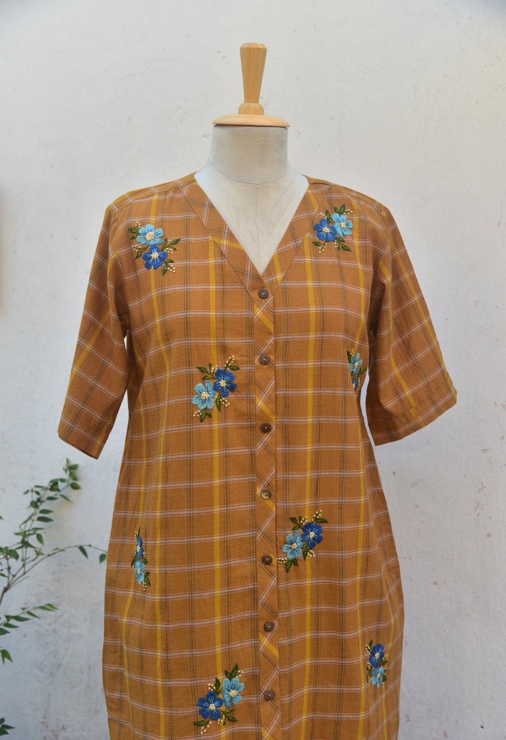 Yellow ochre checkered handloom dress with floral hand embroidery_jewell TThief