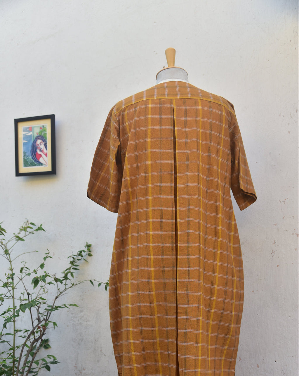 Yellow ochre checkered handloom dress with floral hand embroidery_jewell TThief
