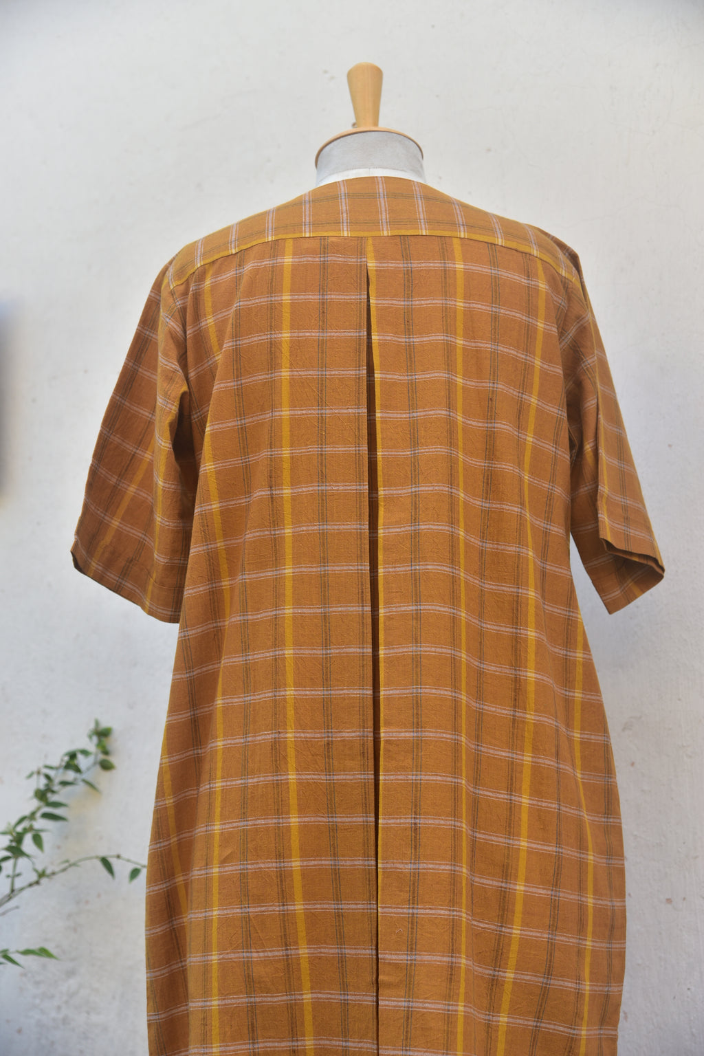 Yellow ochre checkered handloom dress with floral hand embroidery_jewell TThief