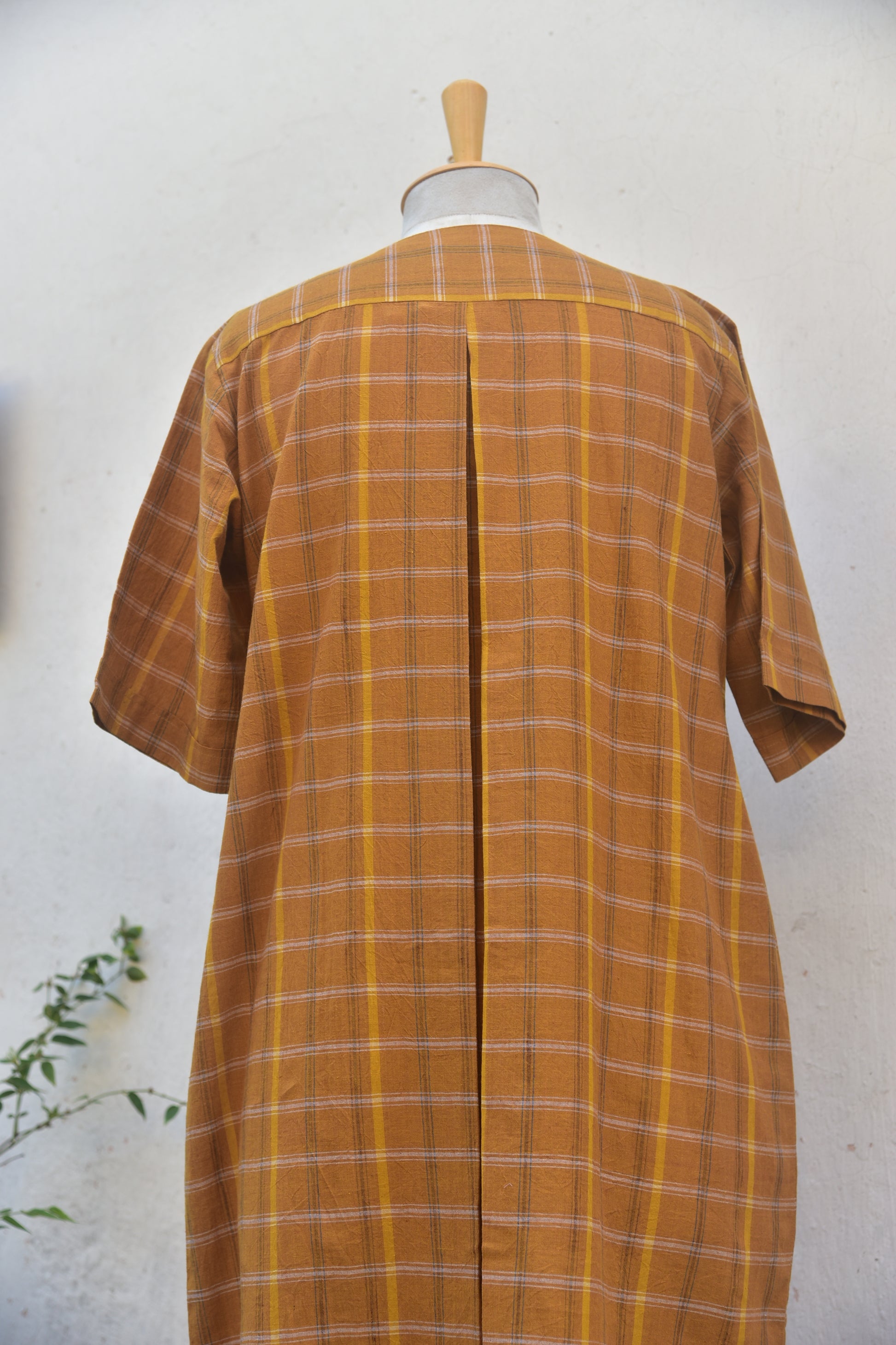 Yellow ochre checkered handloom dress with floral hand embroidery_jewell TThief