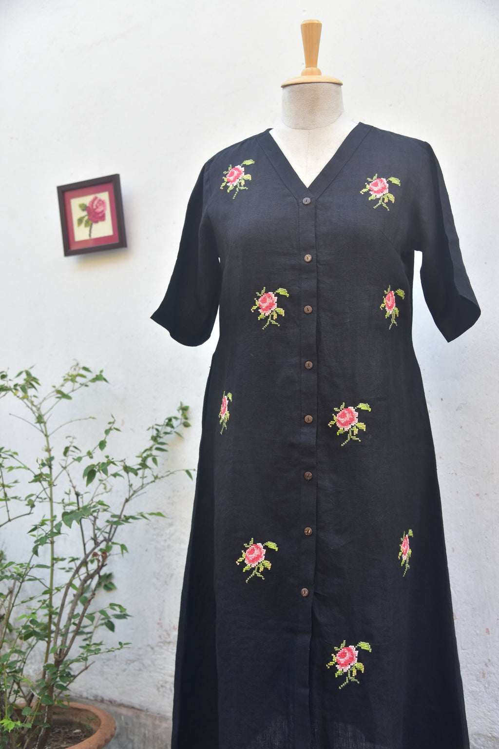 Rose Rhapsody - Handwoven Linen Shirt Dress (Black)
