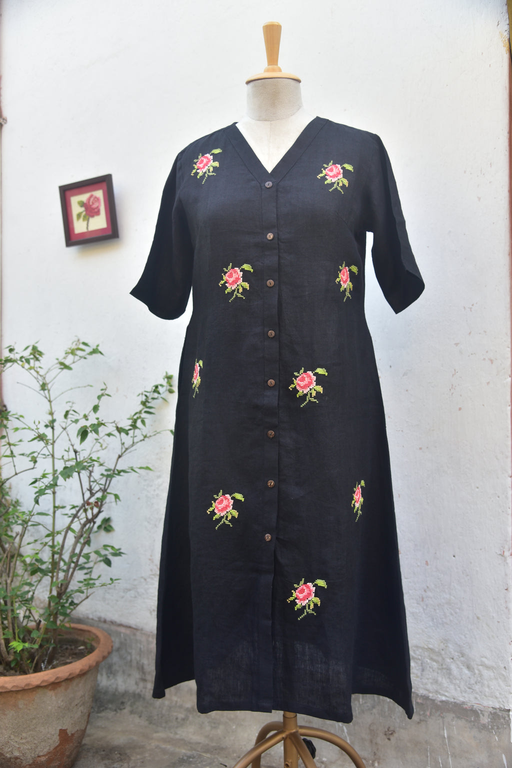 Rose Rhapsody - Handwoven Linen Shirt Dress (Black)