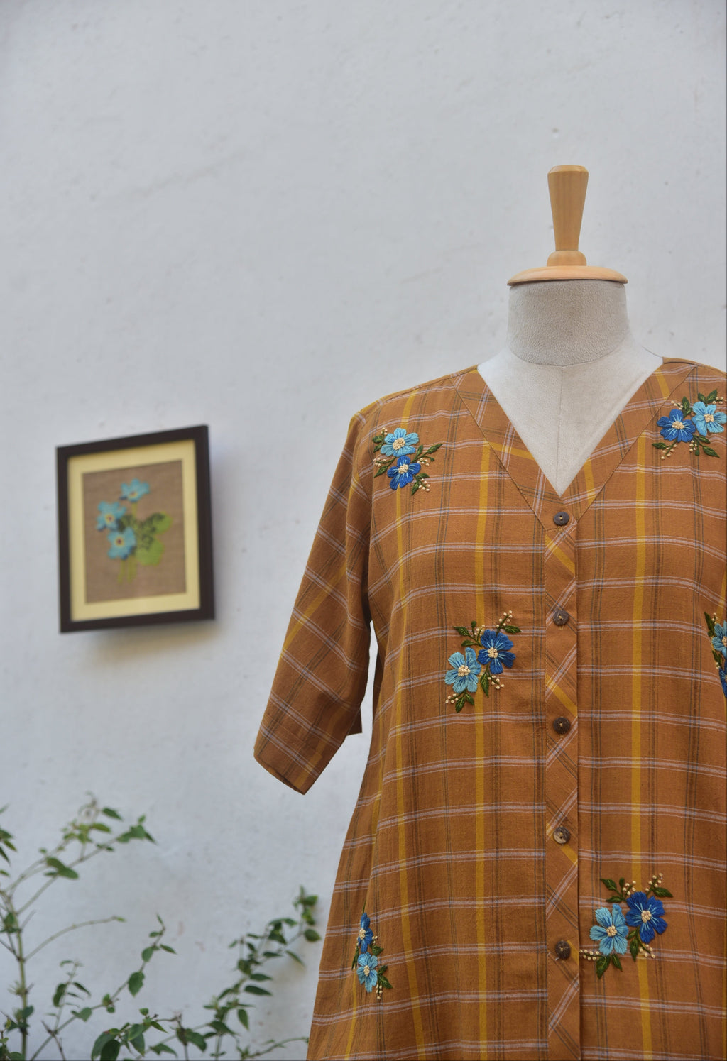 Yellow ochre checkered handloom dress with floral hand embroidery_jewell TThief