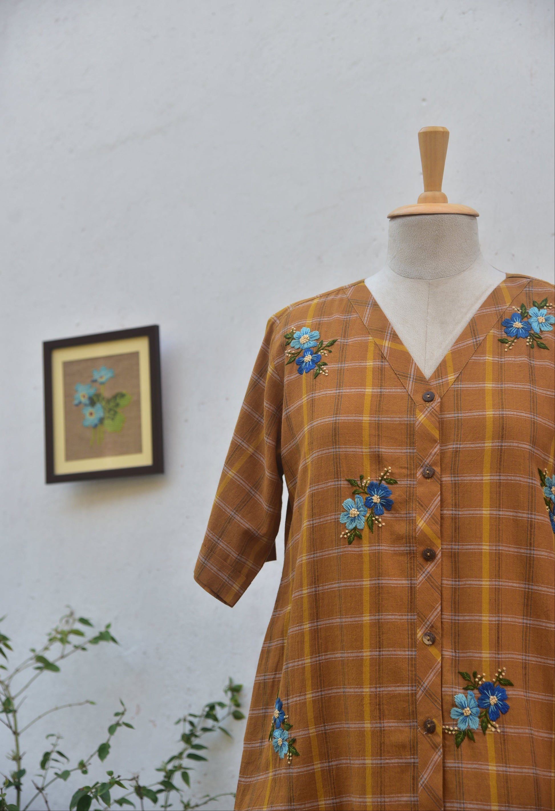 Yellow ochre checkered handloom dress with floral hand embroidery_jewell TThief
