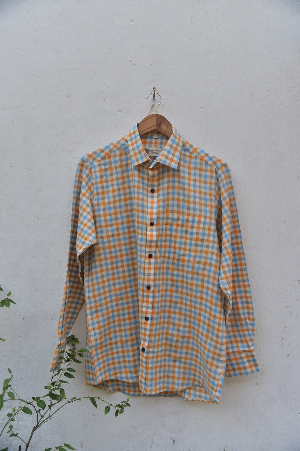 Sunny Side Up Handwoven Cotton Shirt for Men in orange and blue checks front view