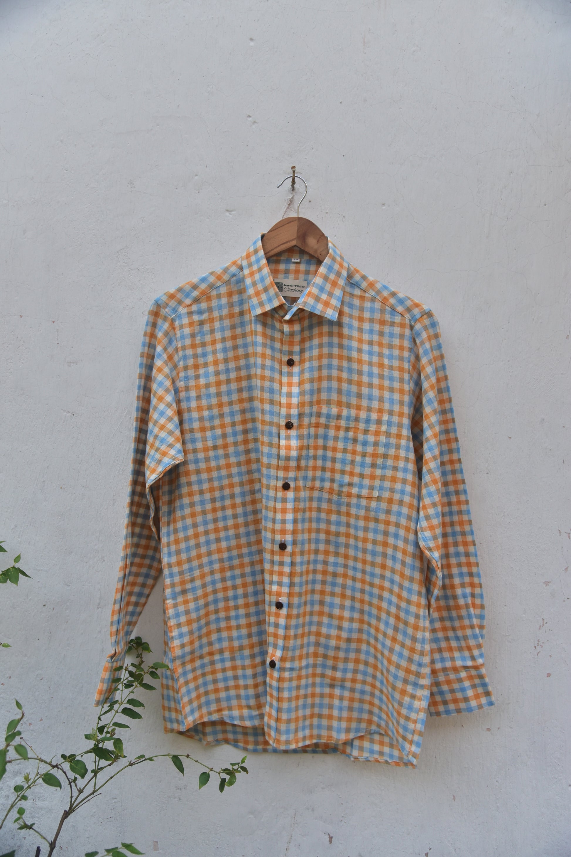 Sunny Side Up Handwoven Cotton Shirt for Men in orange and blue checks front view