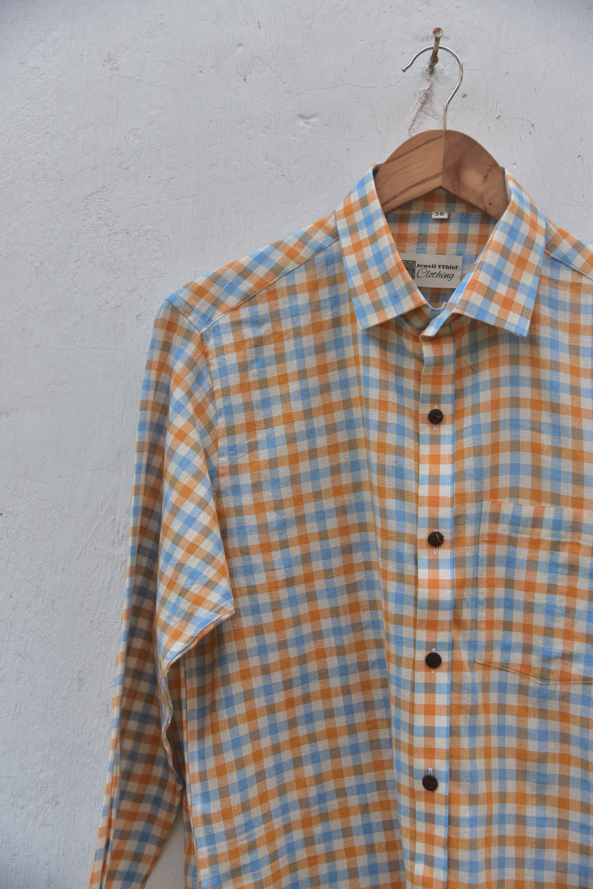 Sunny Side Up Handwoven Cotton Shirt for Men in orange and blue checks front view