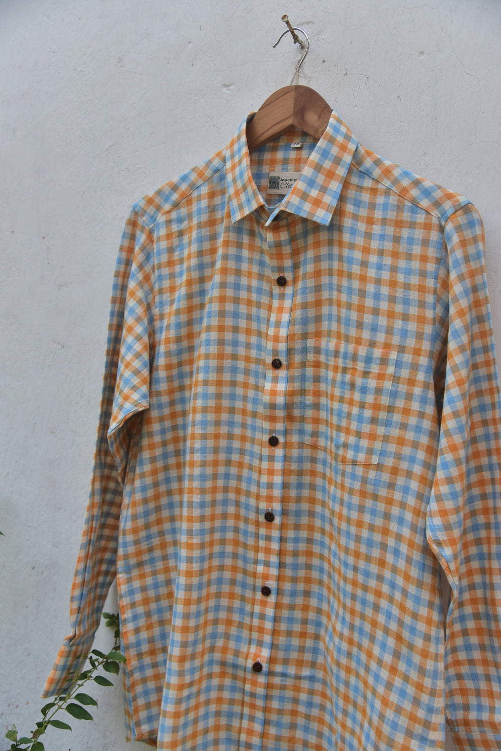 Sunny Side Up Handwoven Cotton Shirt for Men in orange and blue checks front view