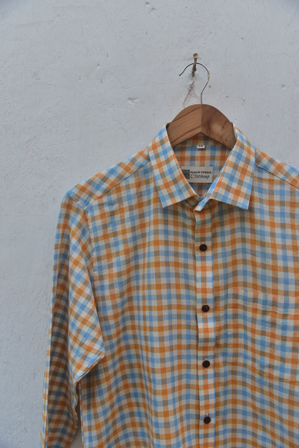 Sunny Side Up Handwoven Cotton Shirt for Men in orange and blue checks front view