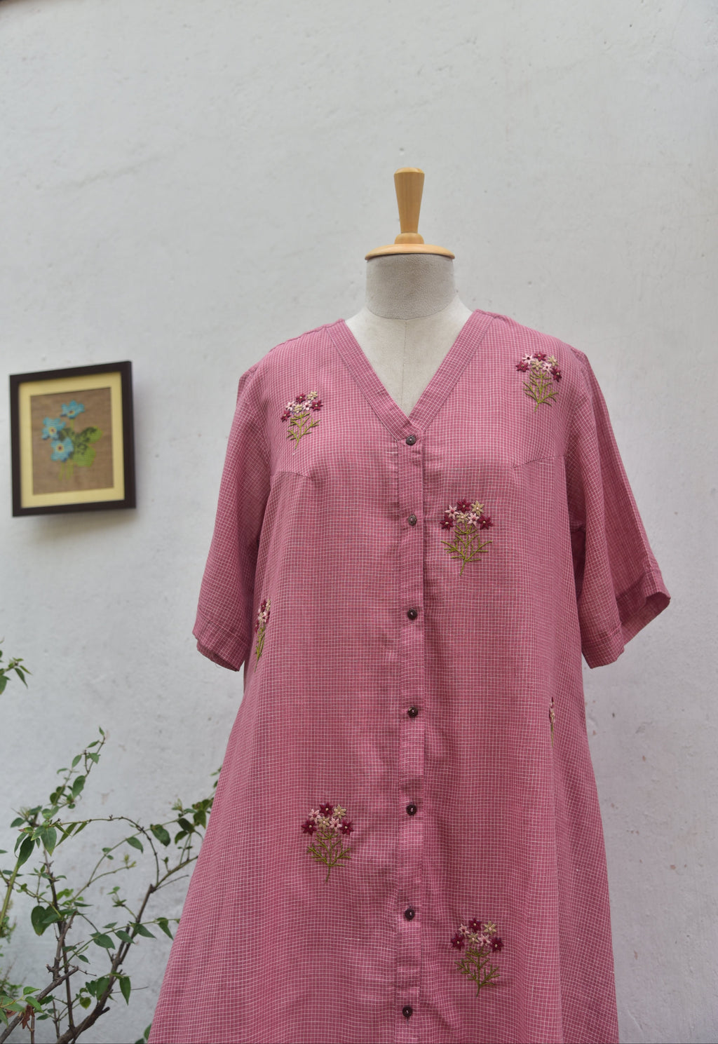 Dusty Rose Handwoven cotton shirt dress Pink Front