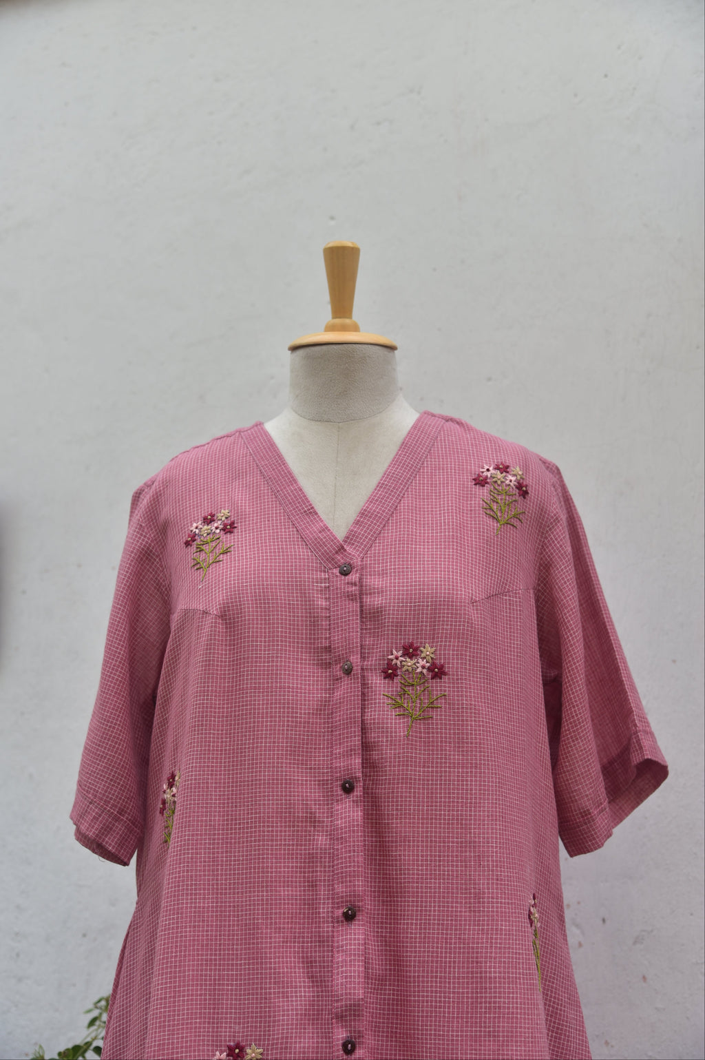 Dusty Rose Handwoven cotton shirt dress Pink Front