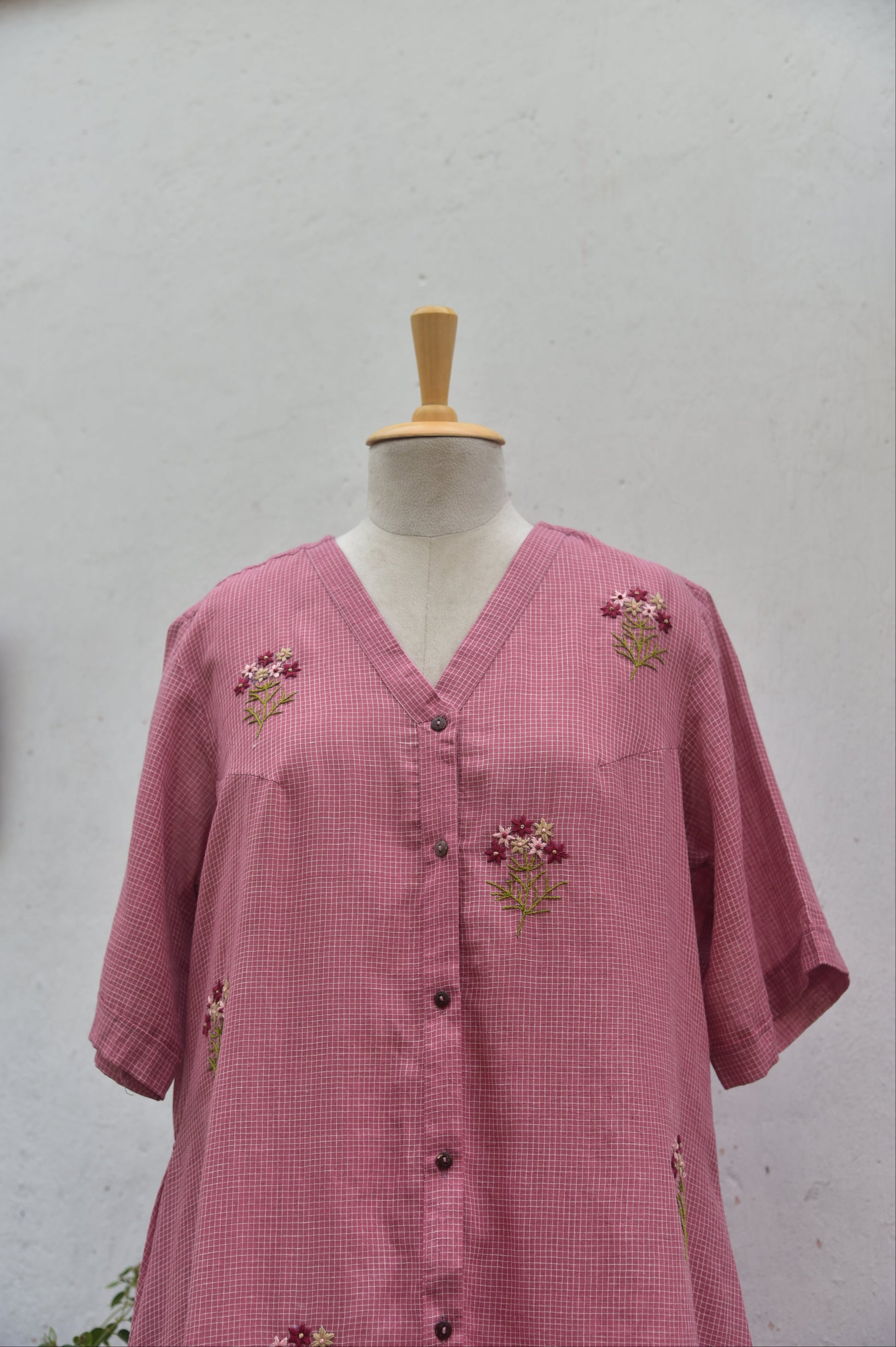 Dusty Rose Handwoven cotton shirt dress Pink Front