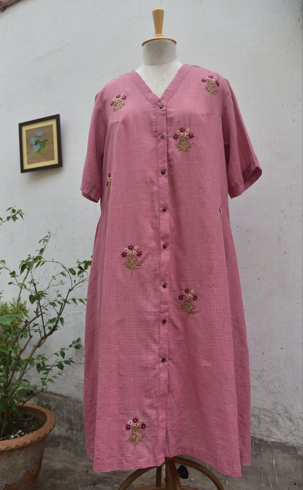 Dusty Rose Handwoven cotton shirt dress Pink Front Full Length