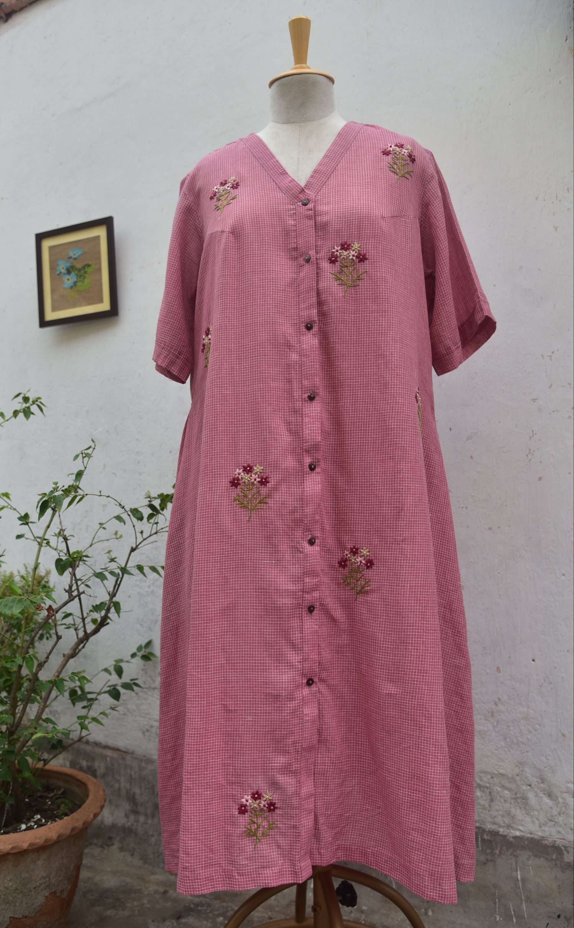 Dusty Rose Handwoven cotton shirt dress Pink Front Full Length