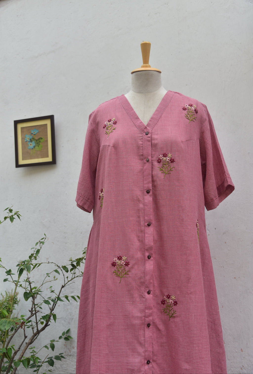 Dusty Rose Handwoven cotton shirt dress Pink Front