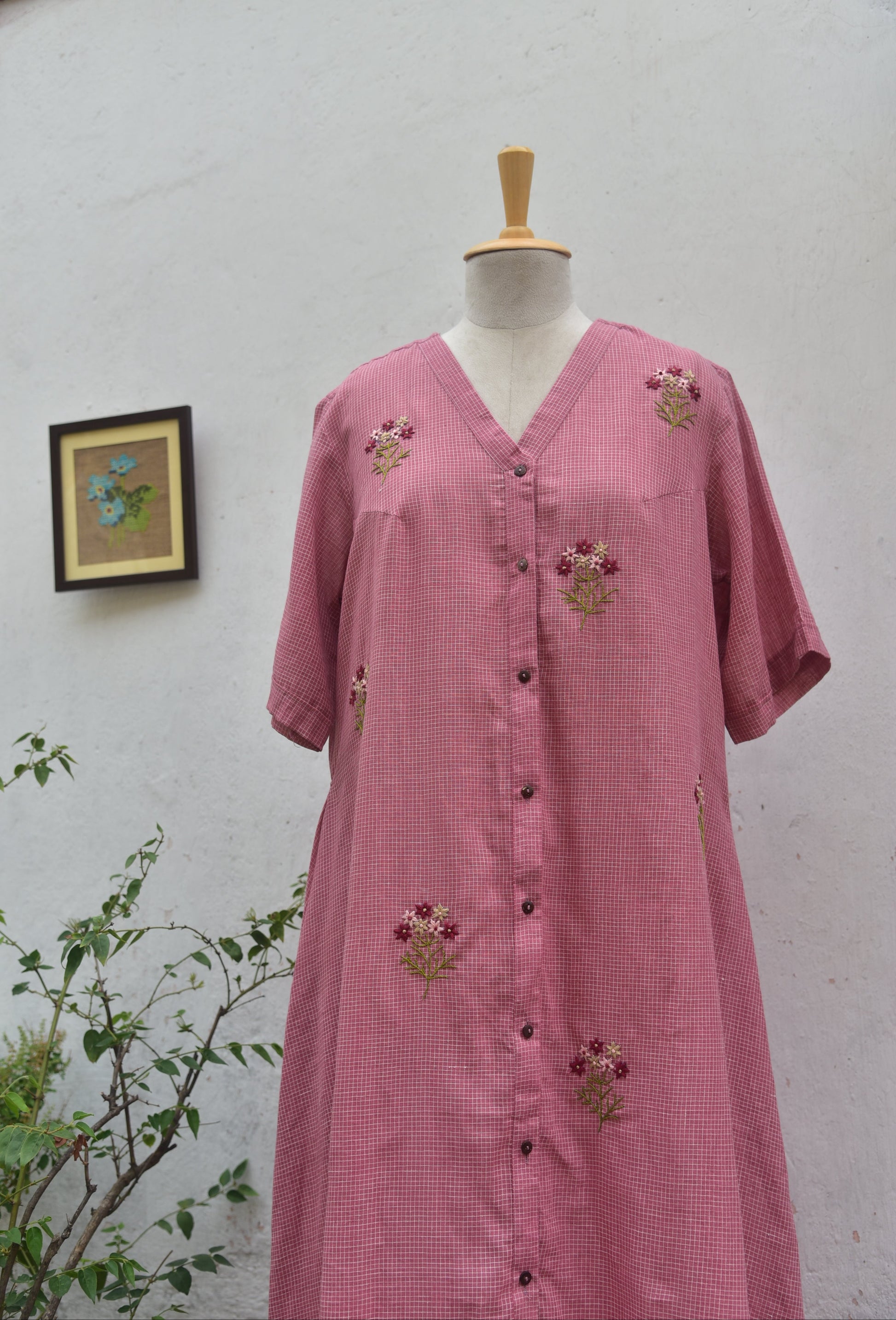 Dusty Rose Handwoven cotton shirt dress Pink Front