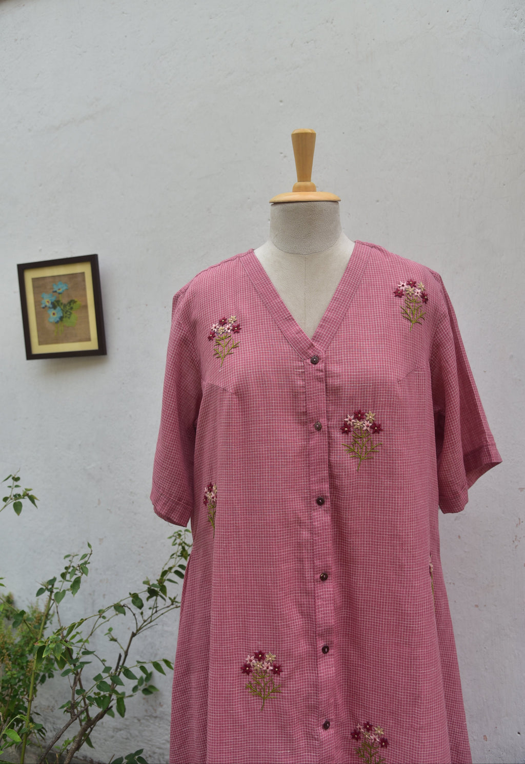 Dusty Rose Handwoven cotton shirt dress Pink Front Close View