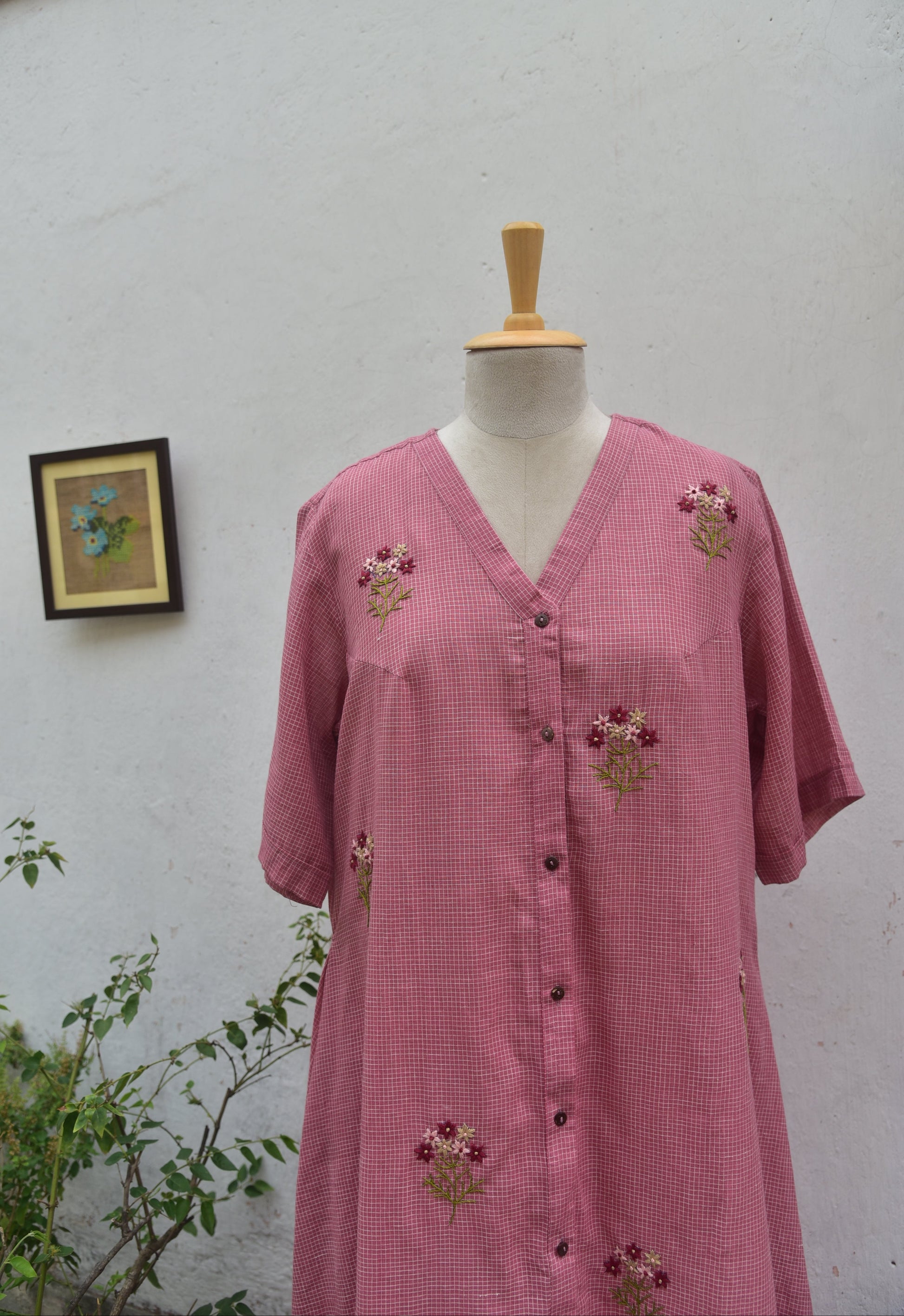 Dusty Rose Handwoven cotton shirt dress Pink Front Close View