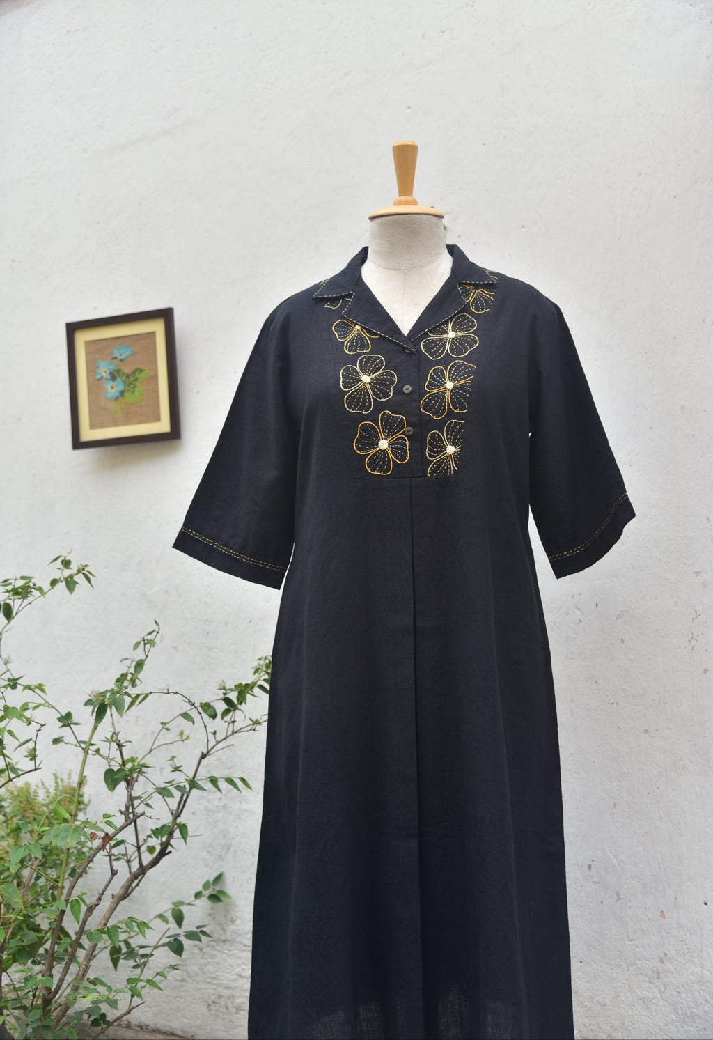 Curious Blooms Handwoven Cotton Black Midi Dress front view
