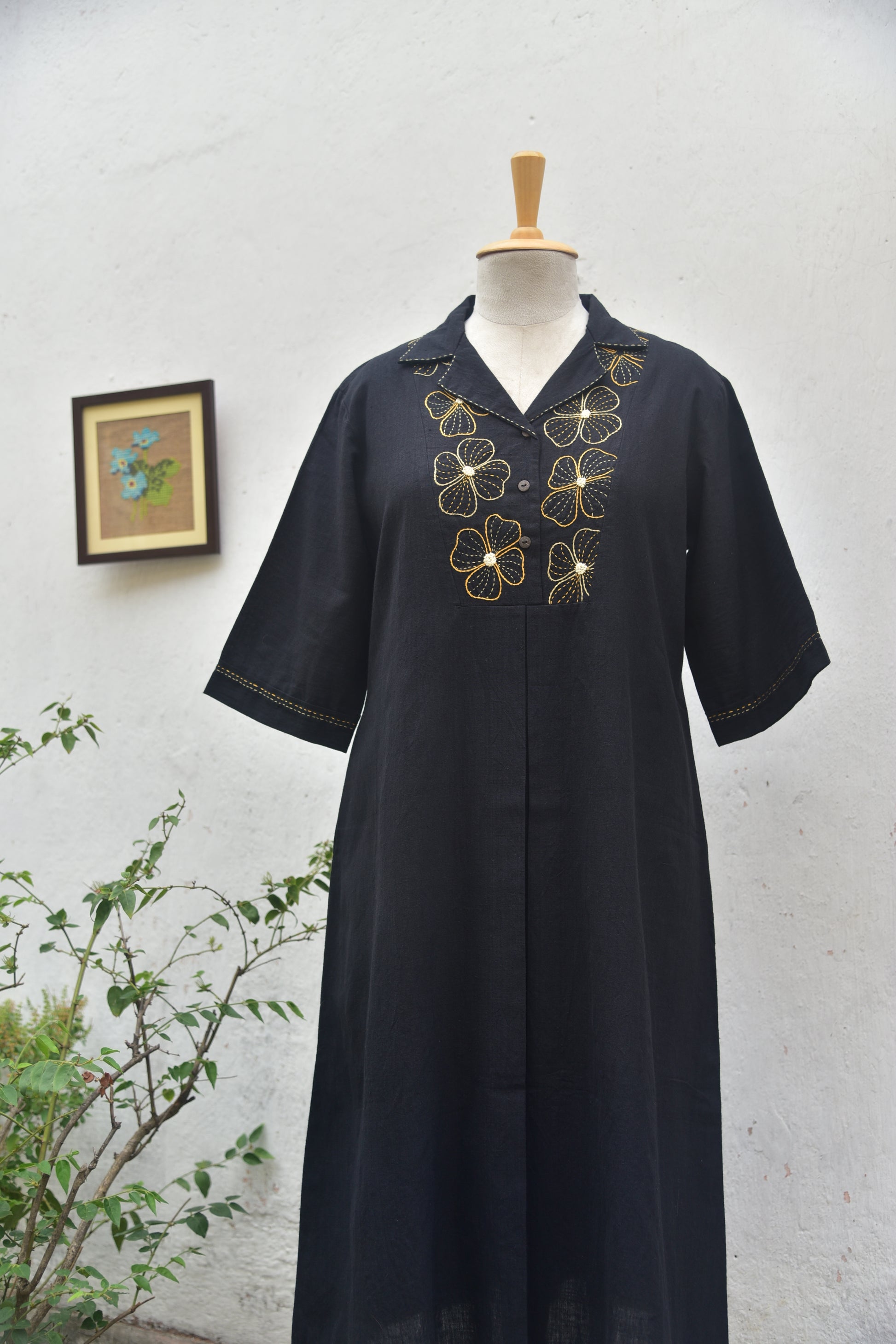 Curious Blooms Handwoven Cotton Black Midi Dress front view