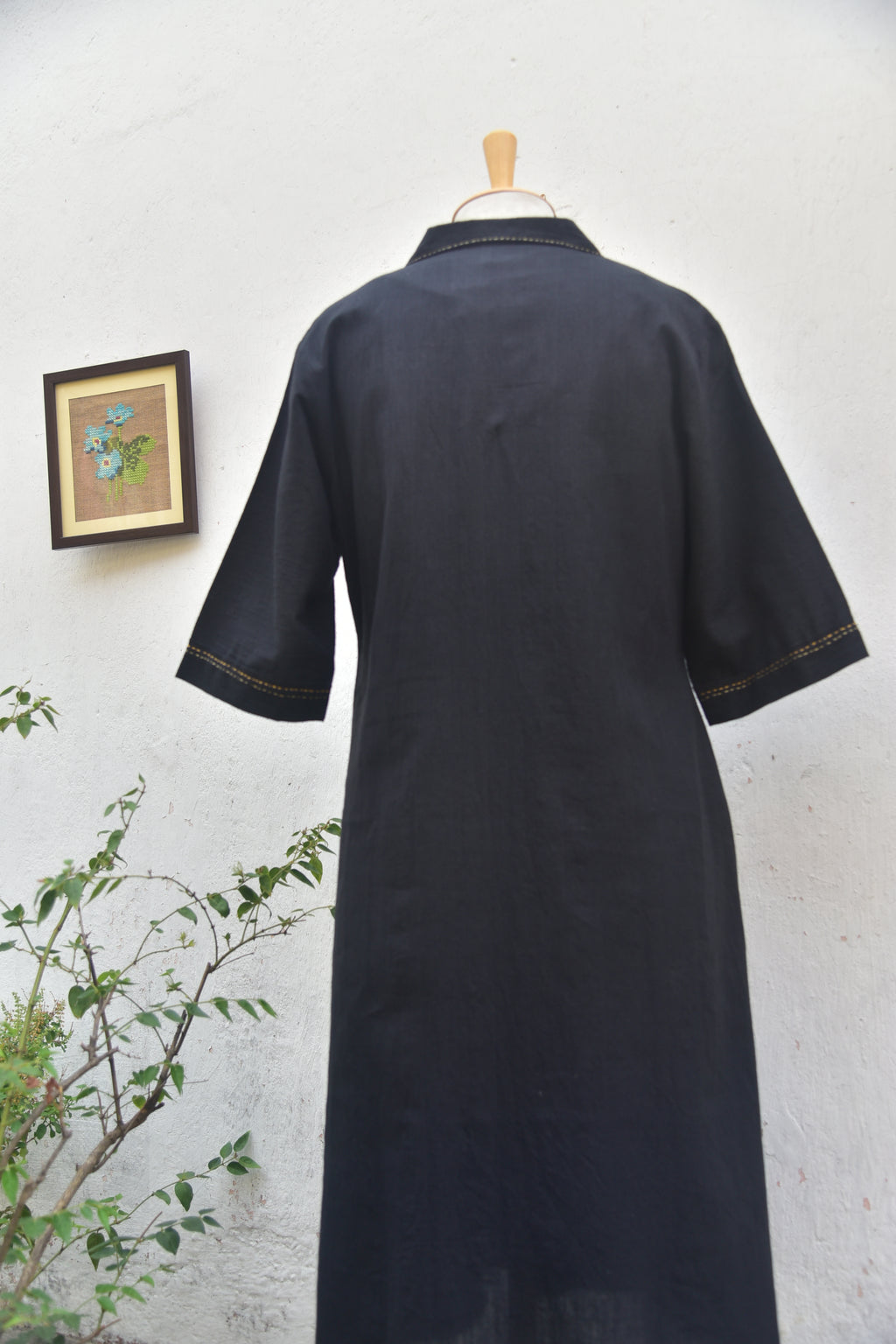 Curious Blooms Handwoven Cotton Black Midi Dress back view