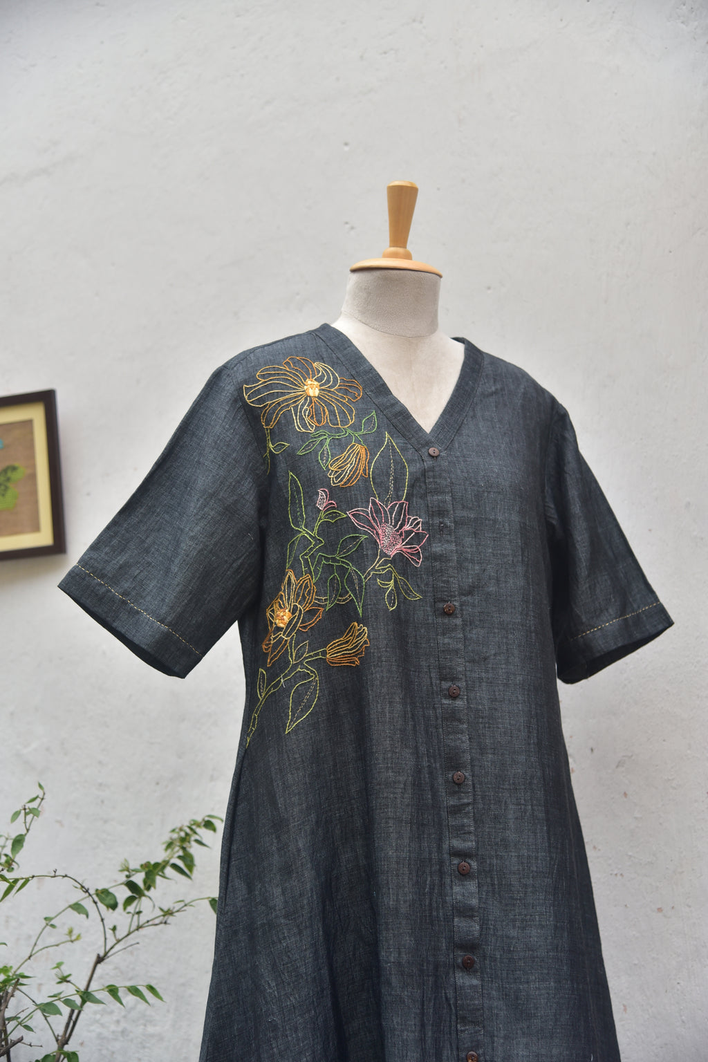 Charcoal Drift Handwoven Linen Shirt Dress in charcoal grey front view