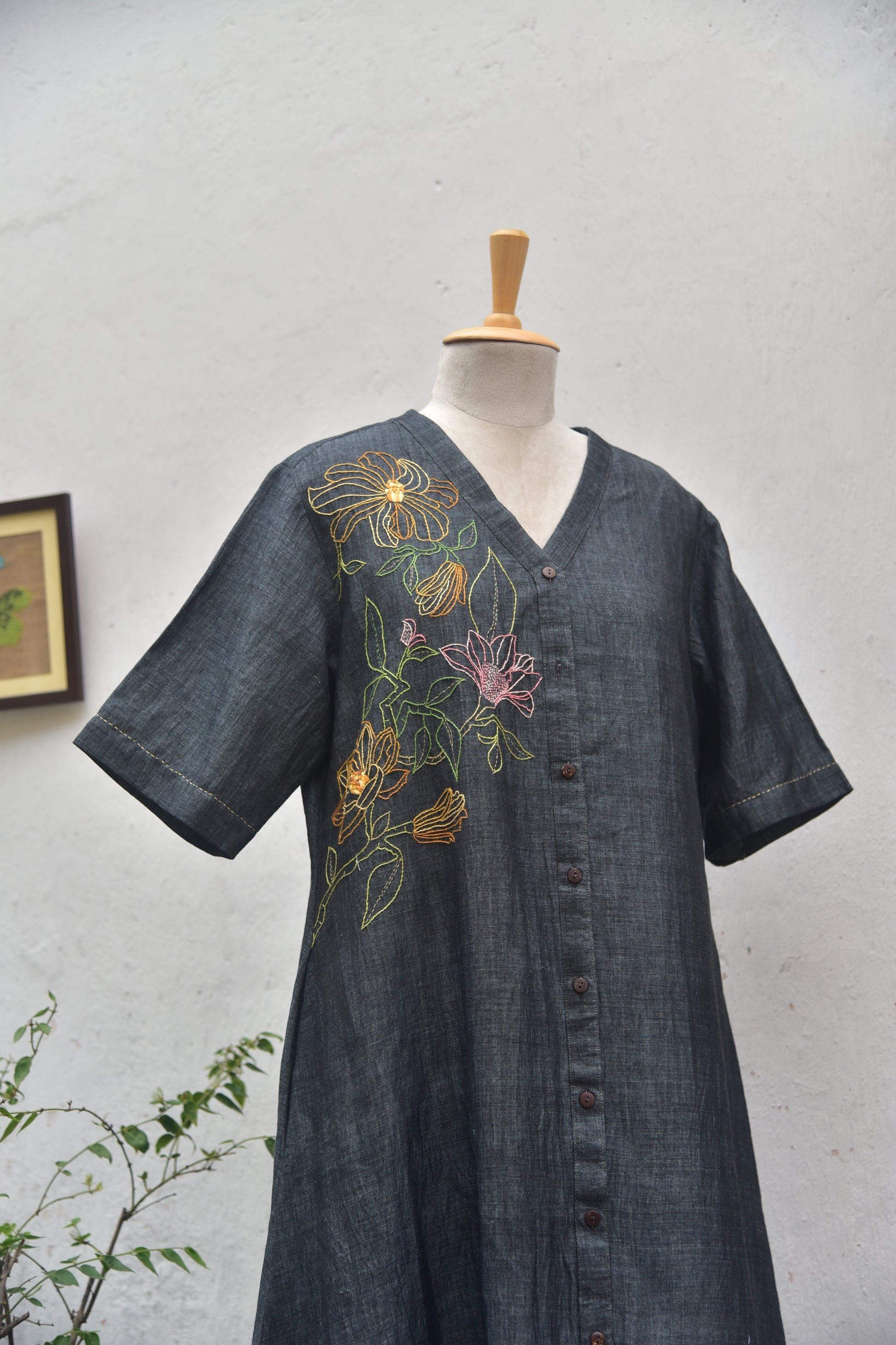 Charcoal Drift Handwoven Linen Shirt Dress in charcoal grey front view