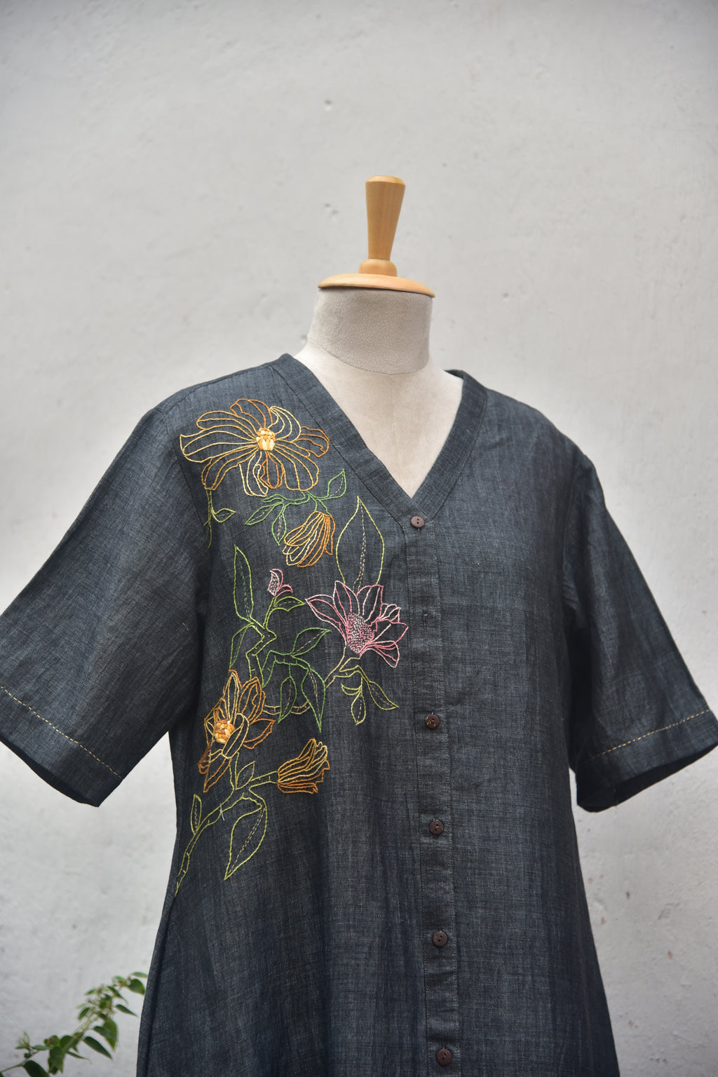 Charcoal Drift Handwoven Linen Shirt Dress in charcoal grey front view