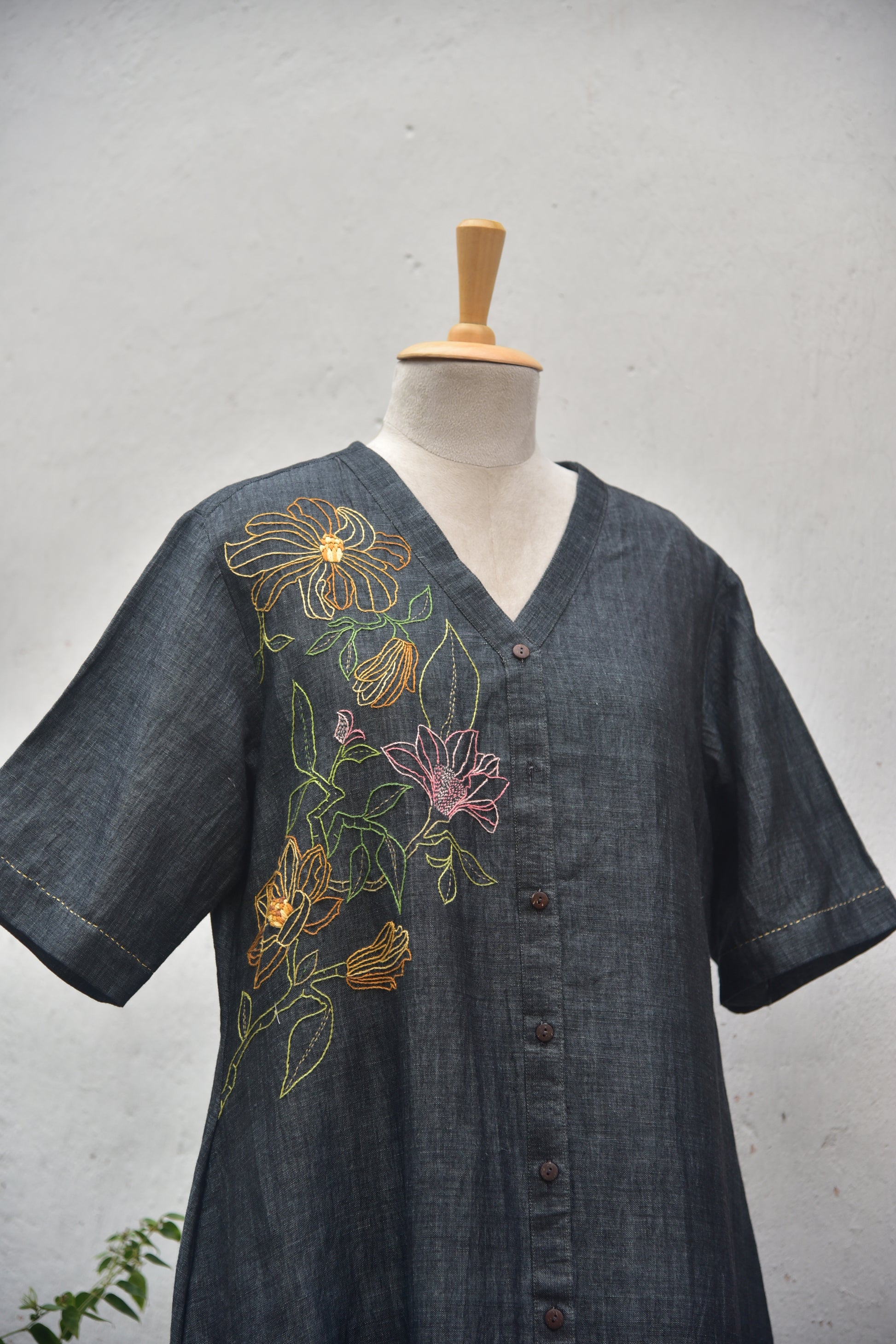 Charcoal Drift Handwoven Linen Shirt Dress in charcoal grey front view