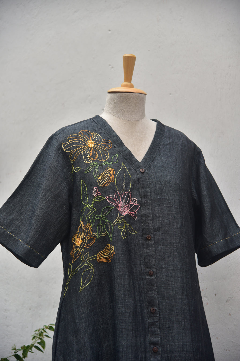Charcoal Drift Handwoven Linen Shirt Dress in charcoal grey front view