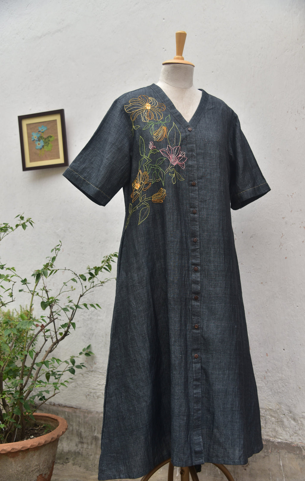 Charcoal Drift Handwoven Linen Shirt Dress in charcoal grey side view