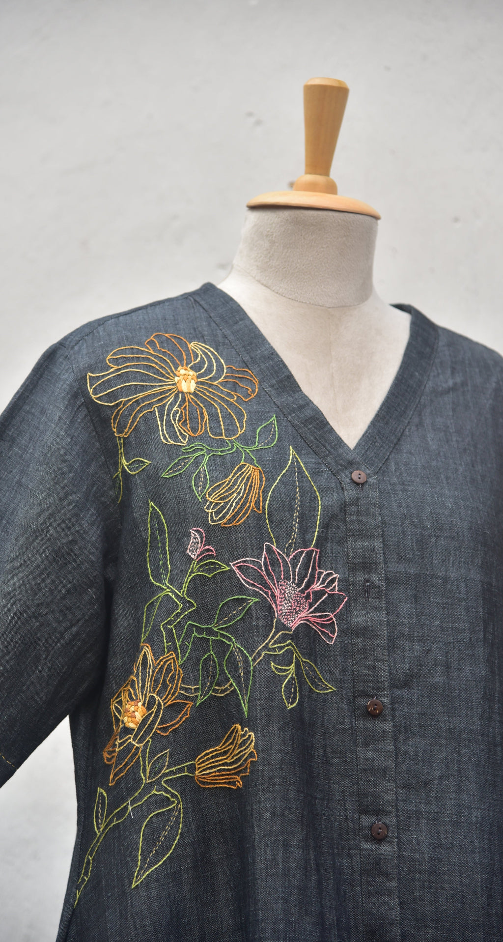 Charcoal Drift Handwoven Linen Shirt Dress in charcoal grey front view